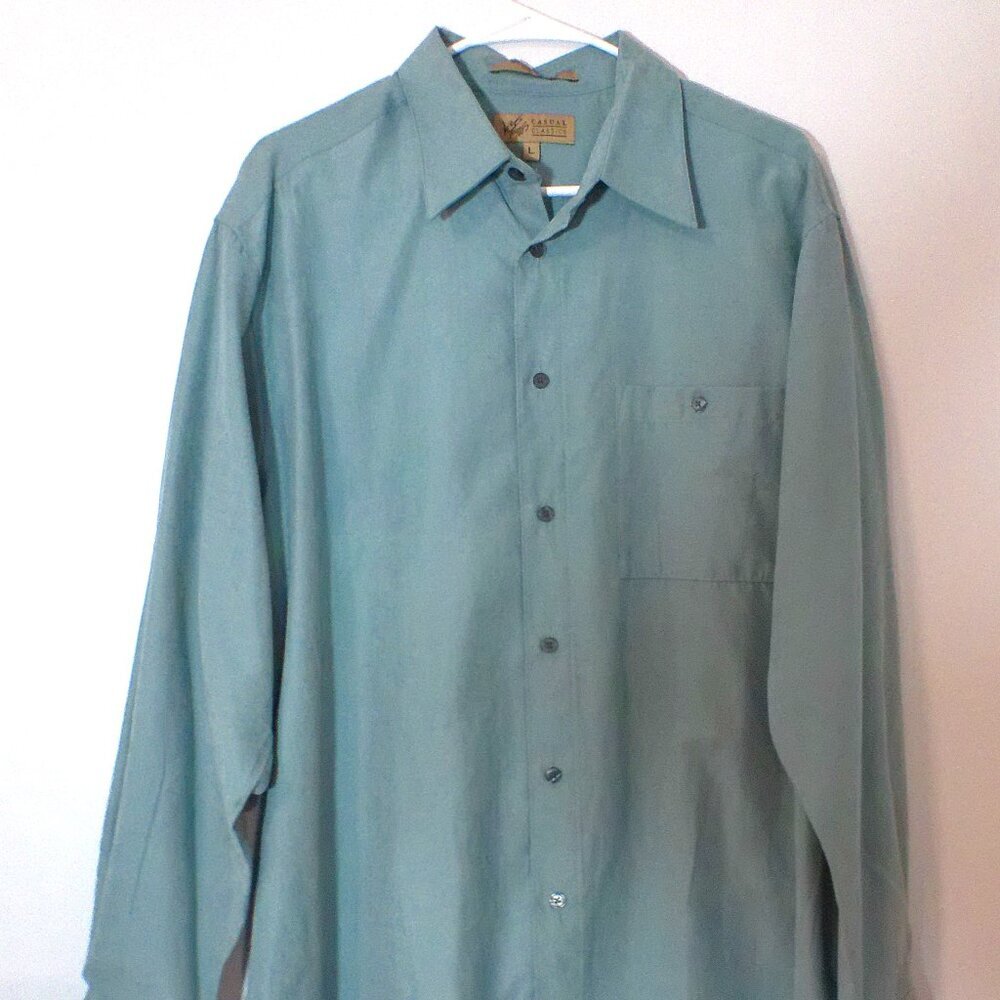 Vintage Casual Classics Men’s Button Down Shirt Large Teal Silk Blend Korea Made